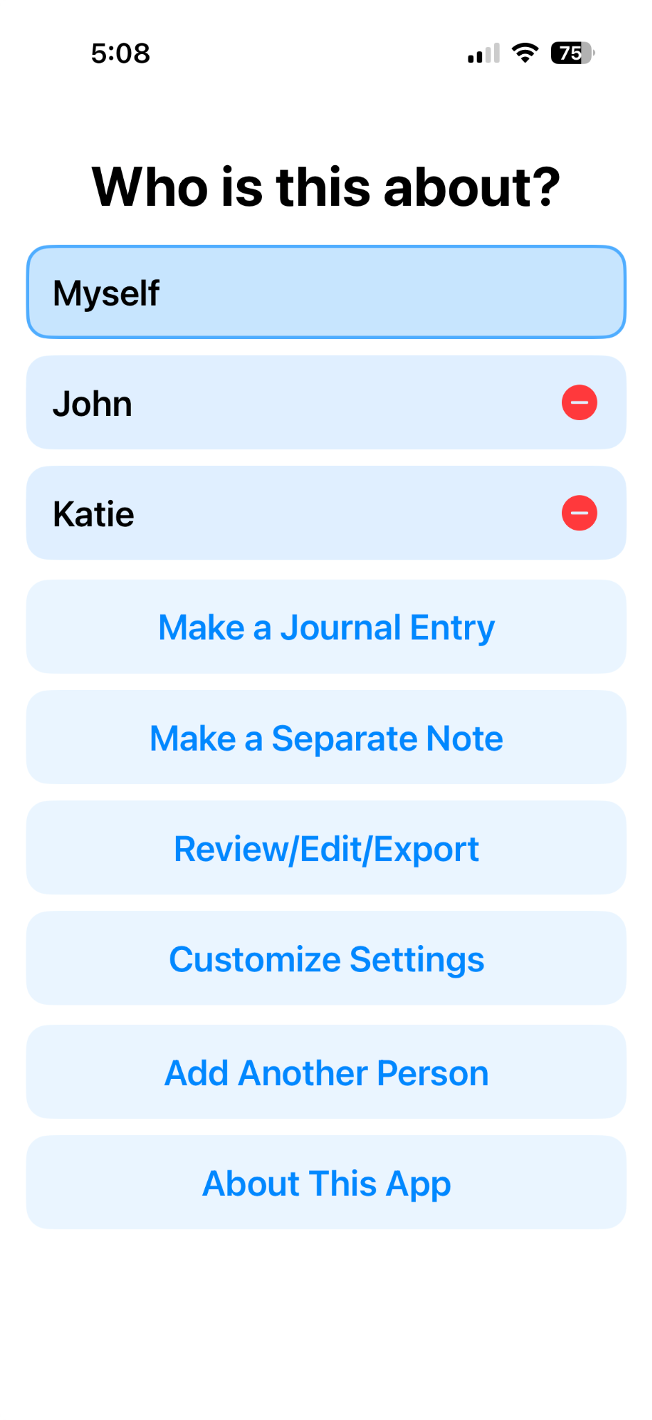 Simple Voice Journal: Choose who the journal is about
